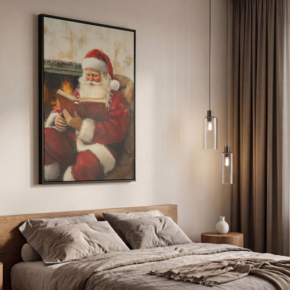 LEINWAND Bilder mit Rahmen - Weihnachten - Weihnachtsmann - Winter - Open Fireside - 60x90 - Dunkelrot, Textil (60/90cm) - MuchoWow