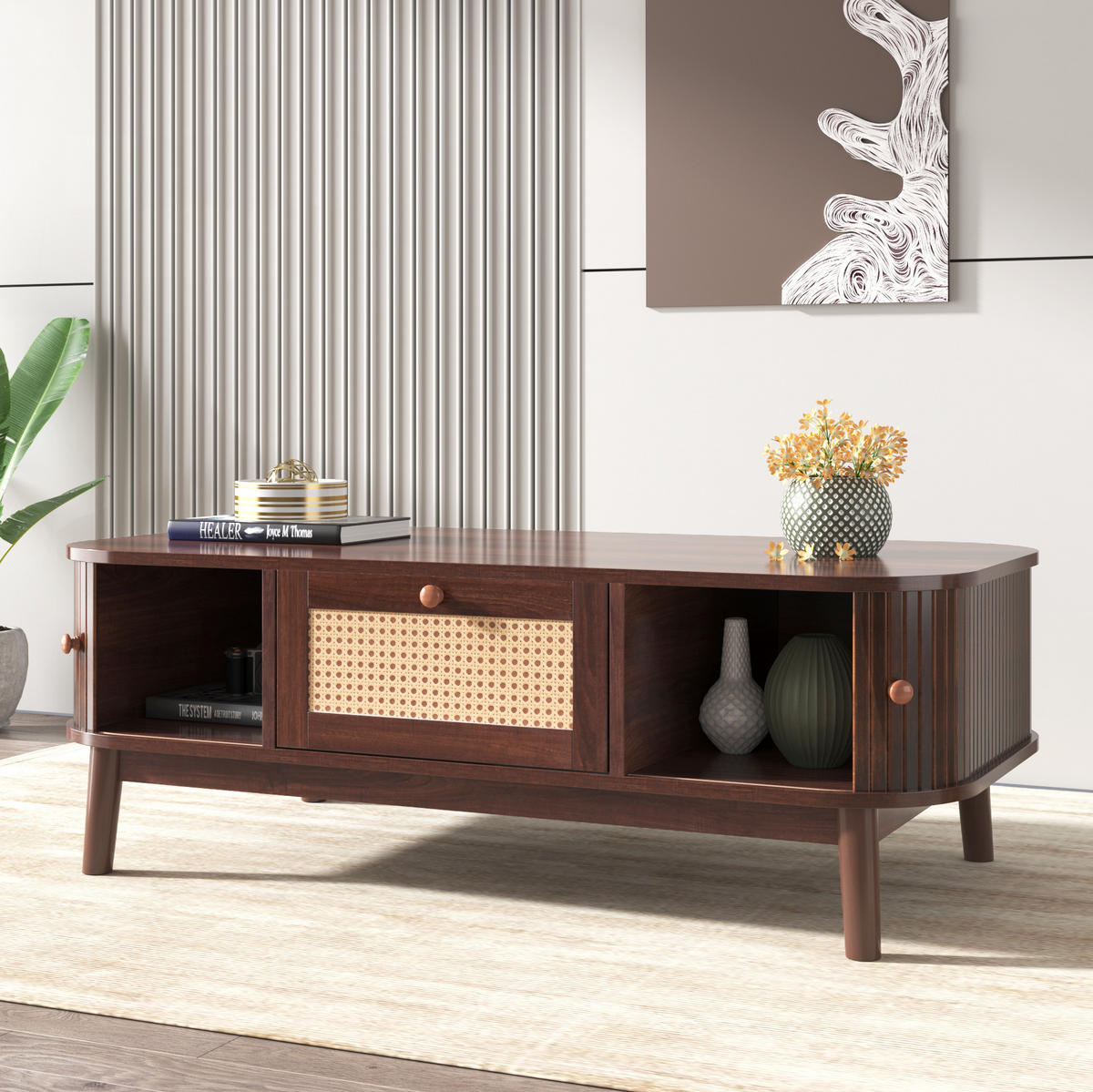 COUCHTISCH mit Rattan-Optik, Schubladen & Schiebetüren, MDF-Korpus, Massivholzbeine, 110/55/38,5 cm,Naturfarben - Naturfarben, Holzwerkstoff (55/110/38.5cm) - Redom