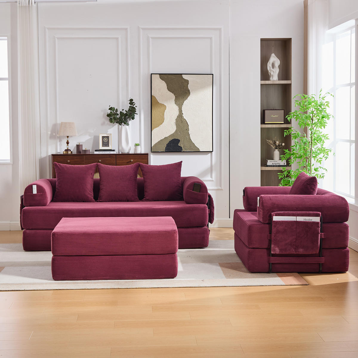 SITZGARNITUR DE-33801 modular mit Hocker Weinrot - Weinrot, Metall (200/67/190cm) - ComfortXL