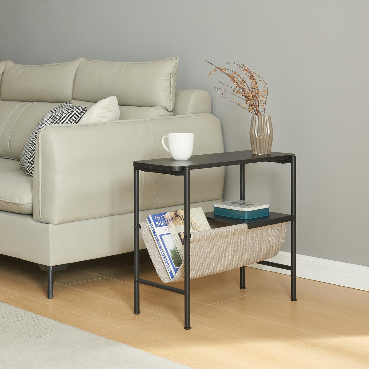 BEISTELLTISCH Samnanger - Schwarz/Grau, Holzwerkstoff/Textil (60/28/53cm) - [en.casa]