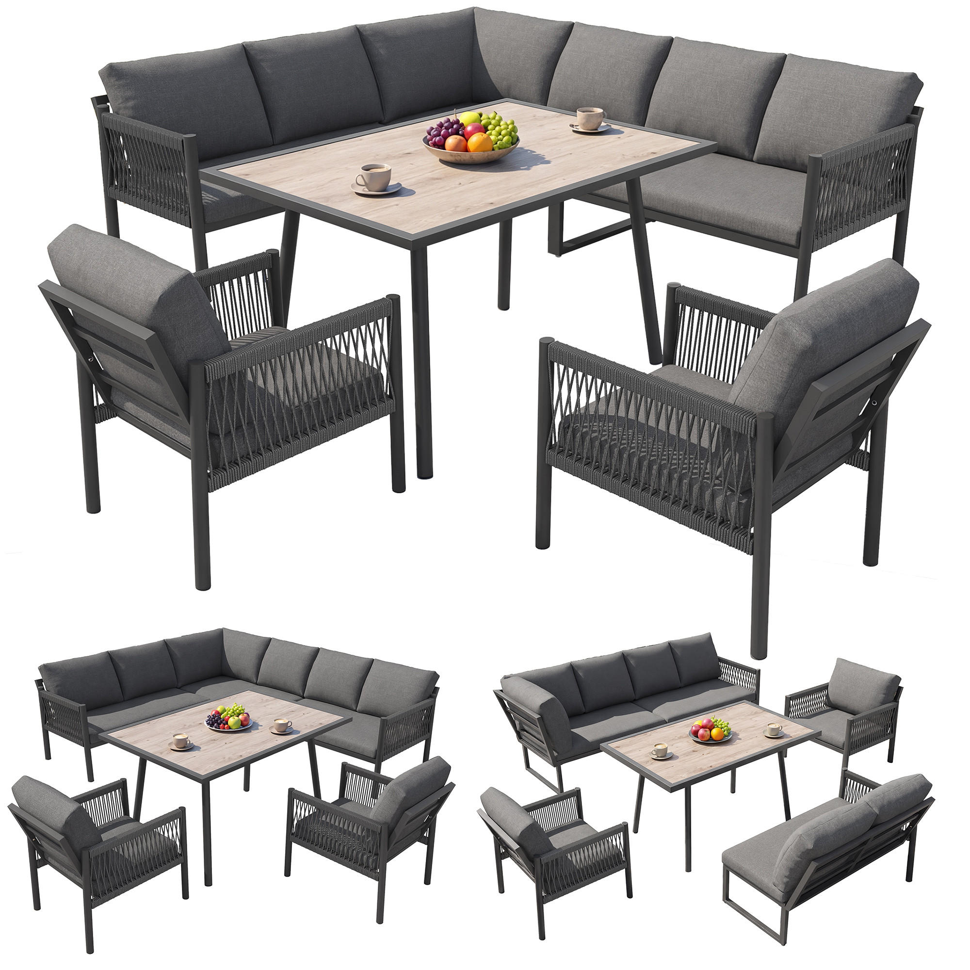 GARTENLOUNGE Grau 7-8 Personen L-Form Sofa Tisch 2 Sessel - Grau, Metall - FLIEKS
