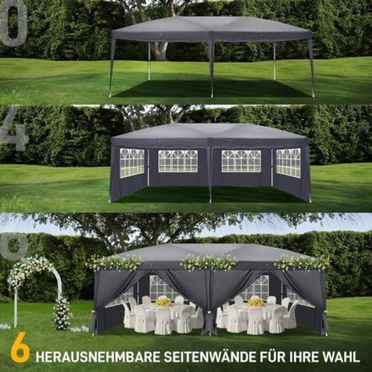 GARTENZELT 3 x 6 m höhenverstellbar wasserdicht dunkelgrau - Anthrazit, Textil (300/255/600cm)