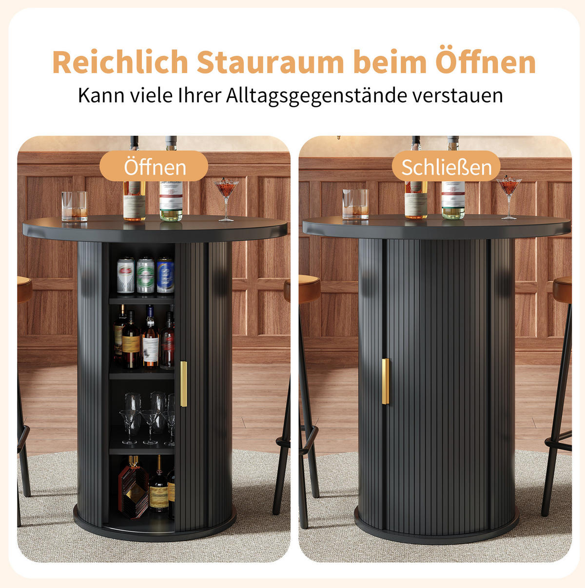 BARTISCH 60/60/91,6 cm in Schwarz mit Stauraum und Schiebetür - Schwarz, Metall (60/60/91.6cm) - BEAOK