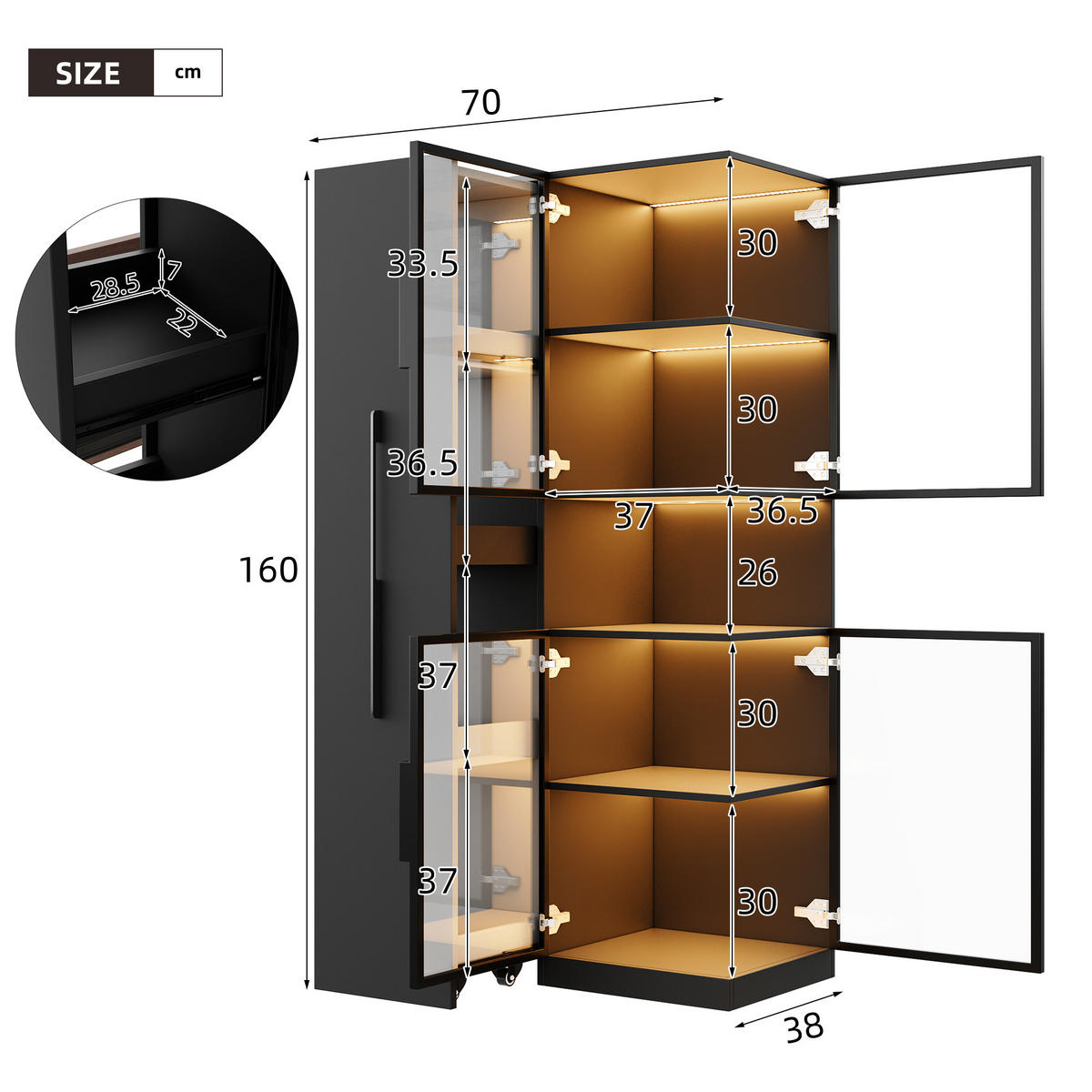 VITRINE LED Glasvitrine Ausziehregal Hochschrank 160cm Weiß - Schwarz, Glas (70/160/38cm) - FLIEKS