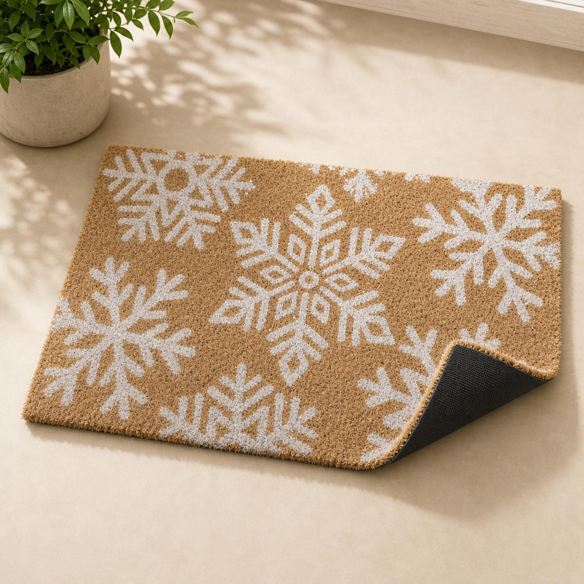 ROHOŽKA Přírodní Bílá kokosové vlákno protiskluzová sněhové vločky 60x40 cm - světle hnědá, textil/plast (60/40cm) - Relaxdays