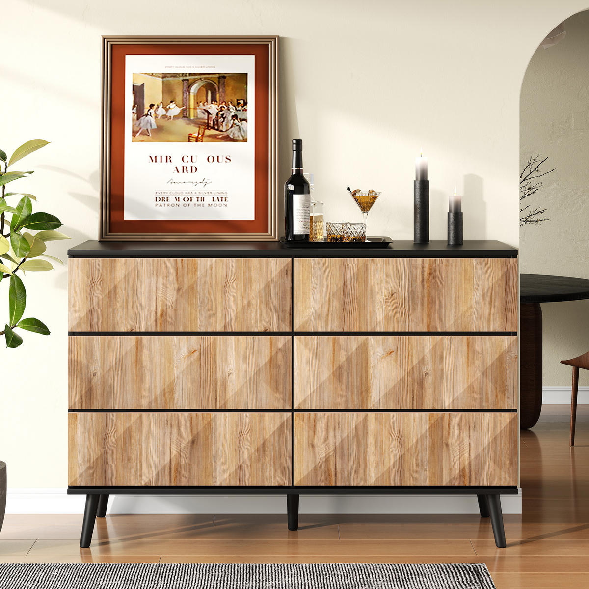 SIDEBOARD aus MDF/Spanplatte in Schwarz und Holzoptik mit 6 Schubladen, 120/40/85 cm,Naturfarben - Naturfarben, Holzwerkstoff (40/85/120cm) - Redom