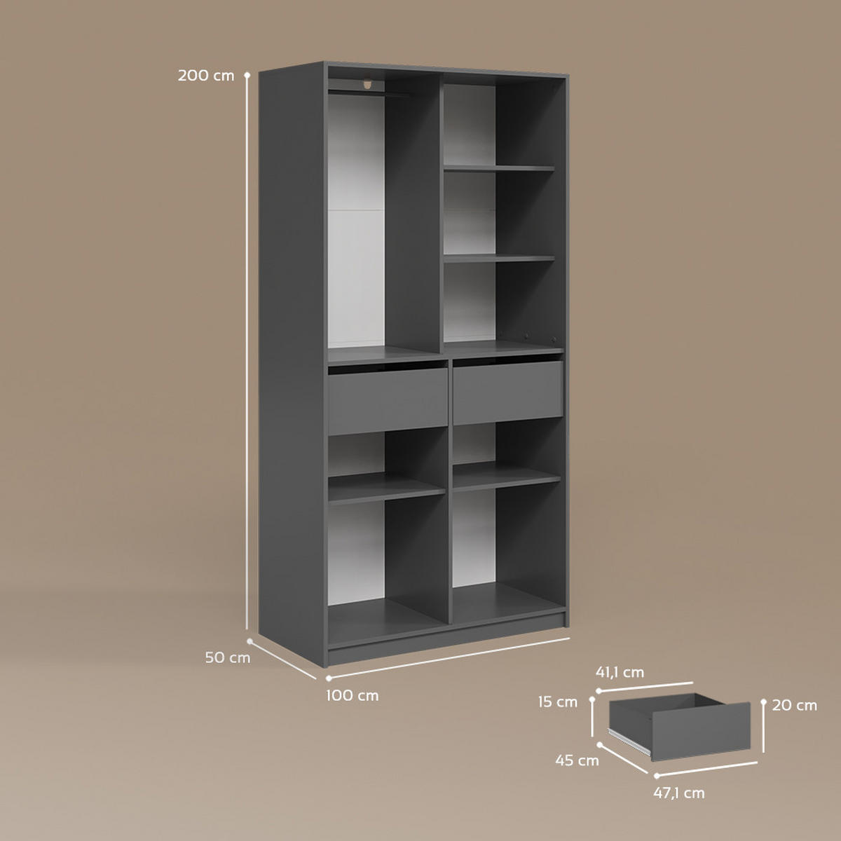 GARDEROBA Trento Antracit z 2 predaloma - antracit, leseni material (100/200/50cm) - Livinity®
