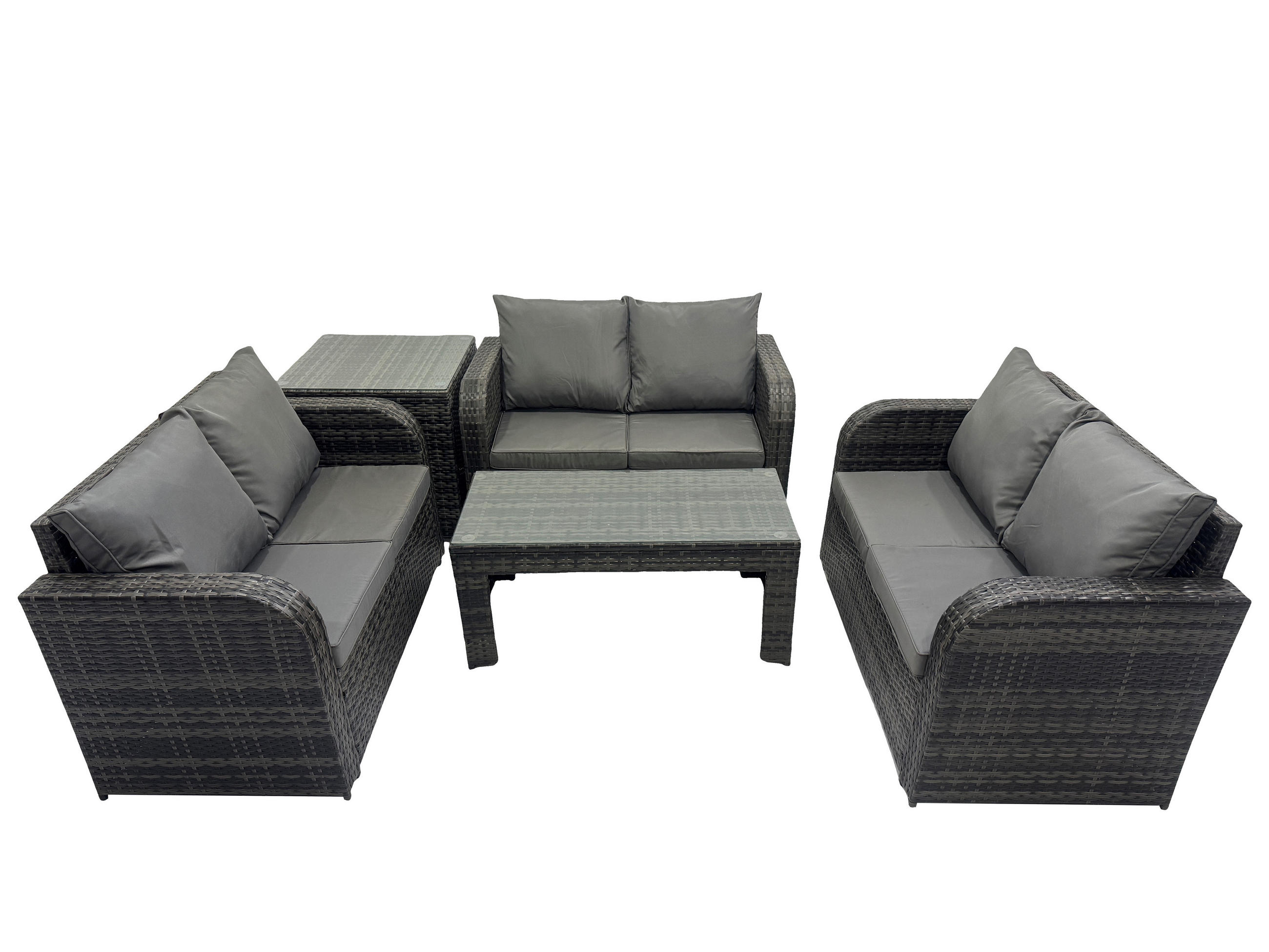 GARTENSOFA SET mit rechteckigem COUCHTISCH Polyrattan 6-Sitzer Dunkelgrau - Dunkelgrau/Grau, Glas/Kunststoff - Fimous