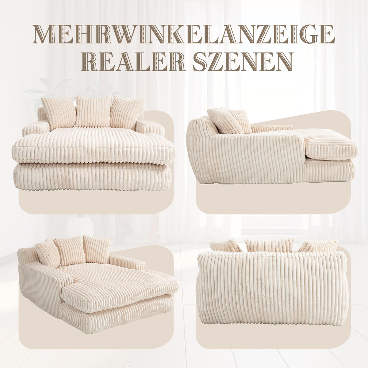 CHAISELONGUE Cord mit 3 Kissen 125/155/63 cm Beige - Beige, Textil (63/125/155cm) - Redom