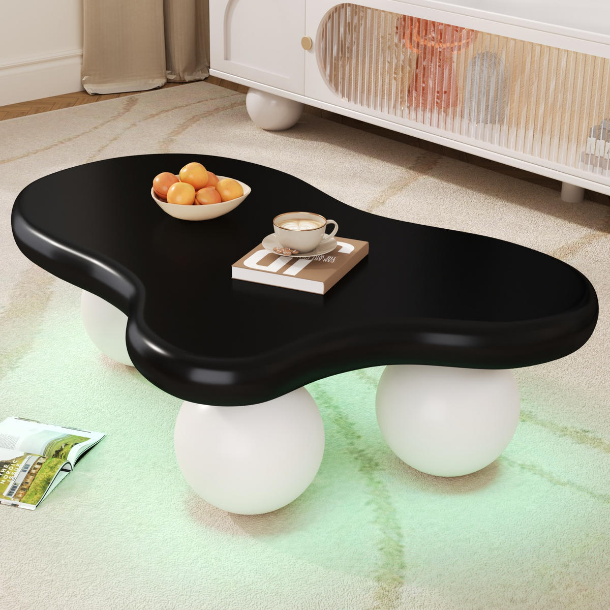 COUCHTISCH Wolkenform LED rund weiß - Schwarz, Holz (62.5/95/32cm) - LEBENLANG