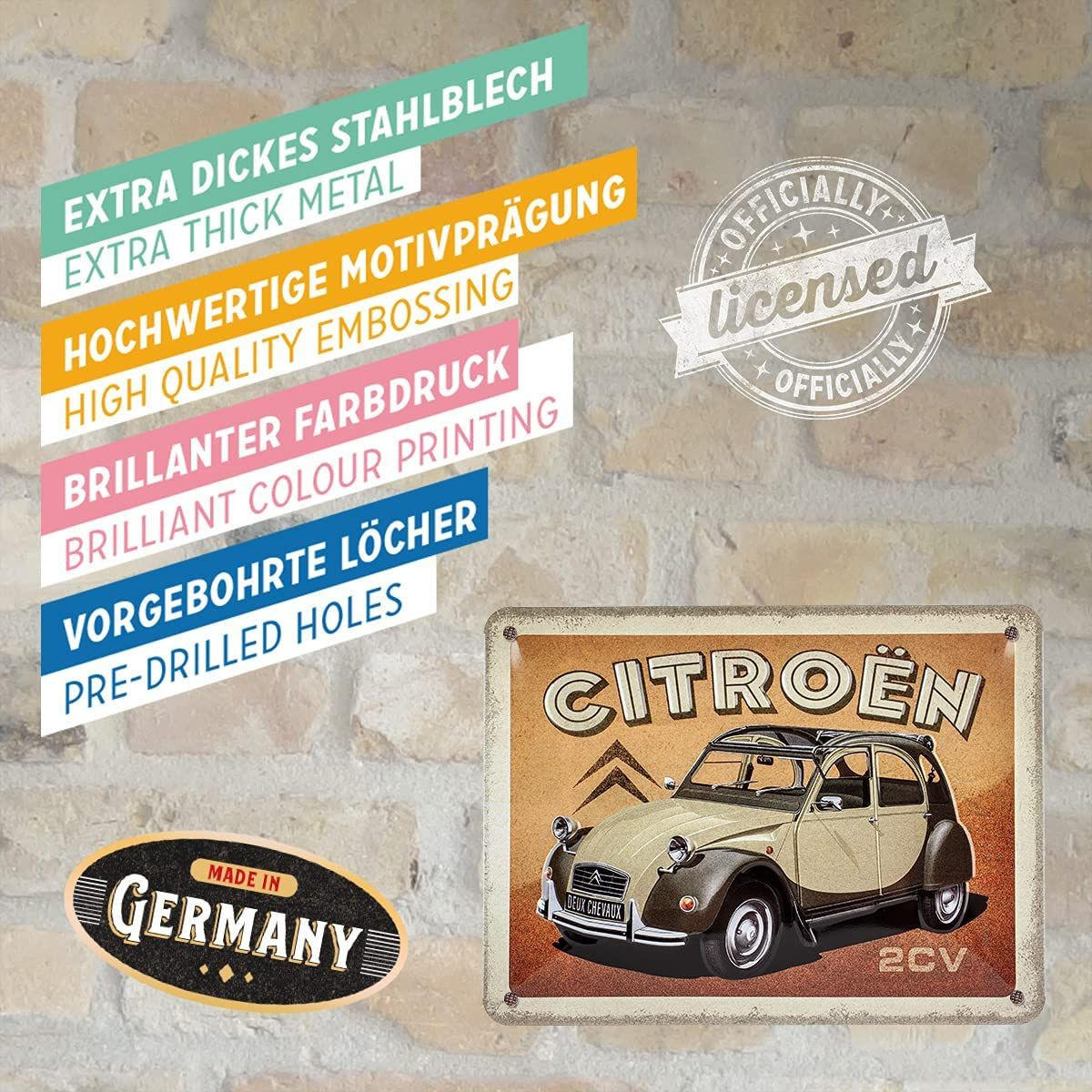 BLECHSCHILD 15/20 cm Citroen Citroen 2CV - Multicolor, Metall (20/15/0.5cm) - Nostalgic-Art