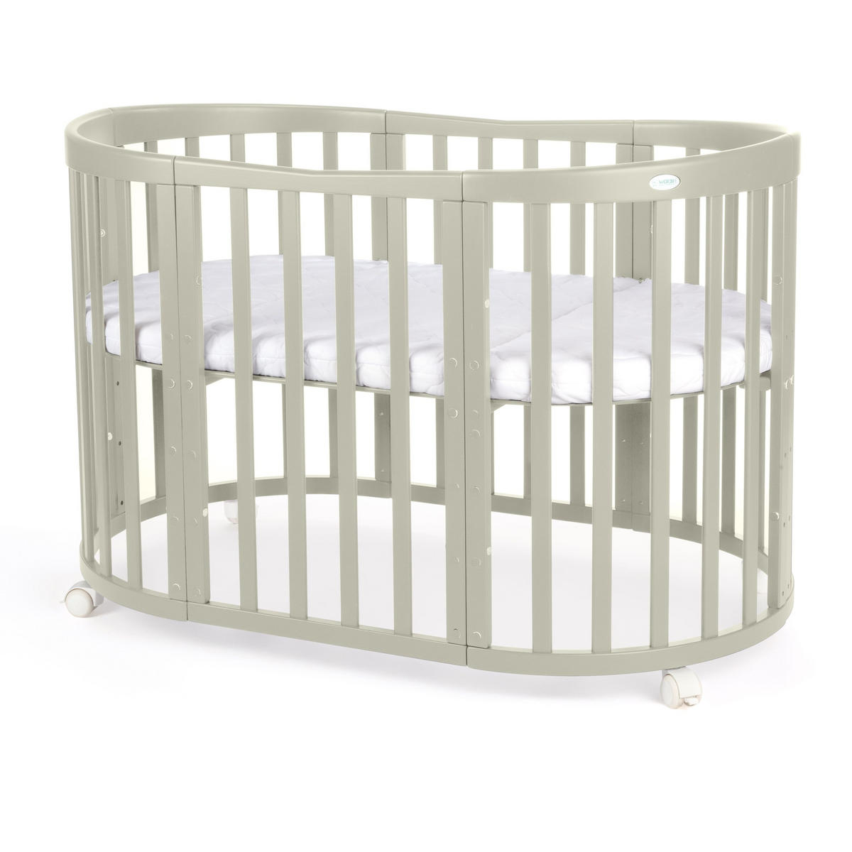 BABYBETT OLIVE OVAL 7in1 mit Matratze - Olivgrün, Holz/Textil