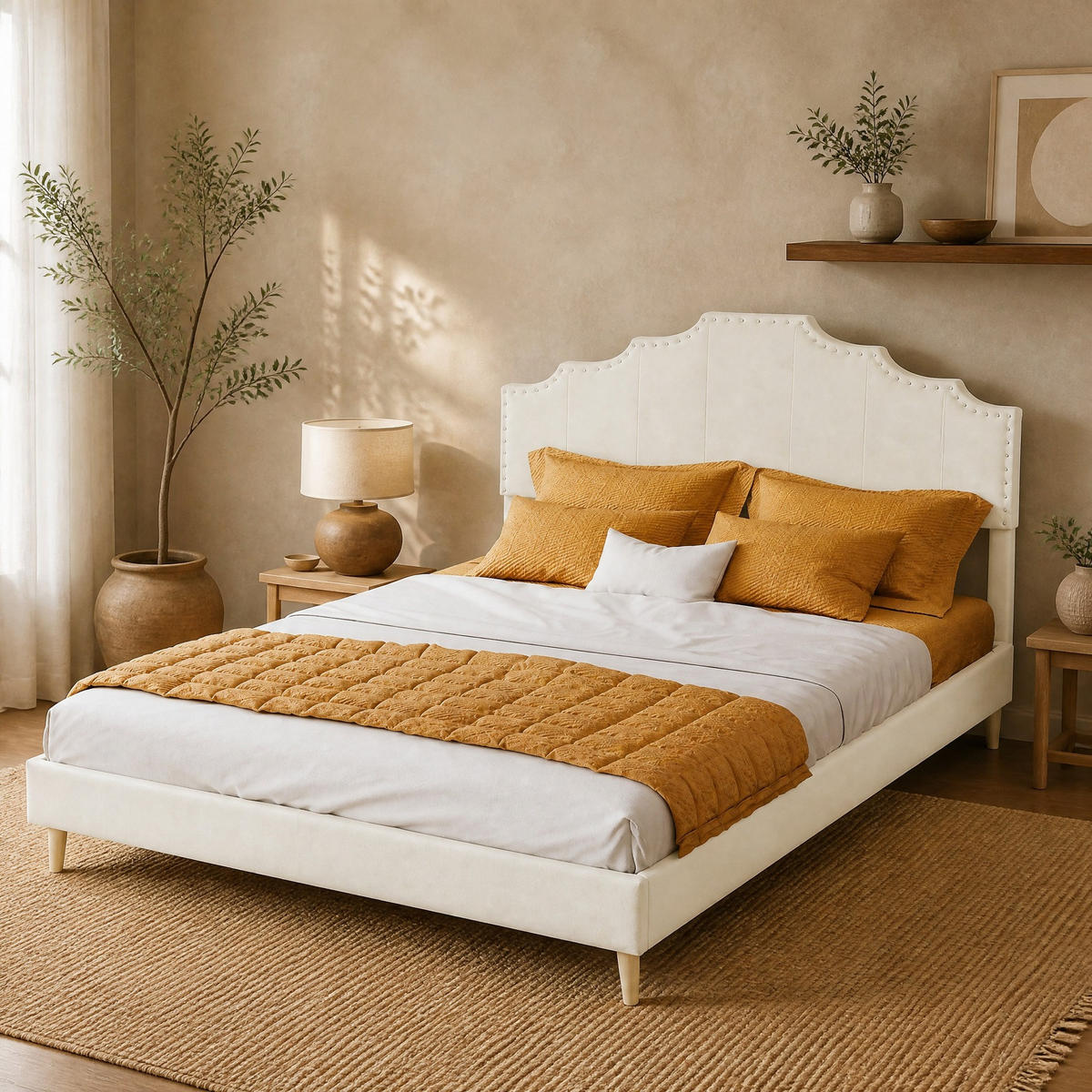POLSTERBETT 140/200 mit geometrischem Kopfteil und Hollandwollstoff in Beige - Beige, Holzwerkstoff/Textil (140/200cm) - EVRYAE