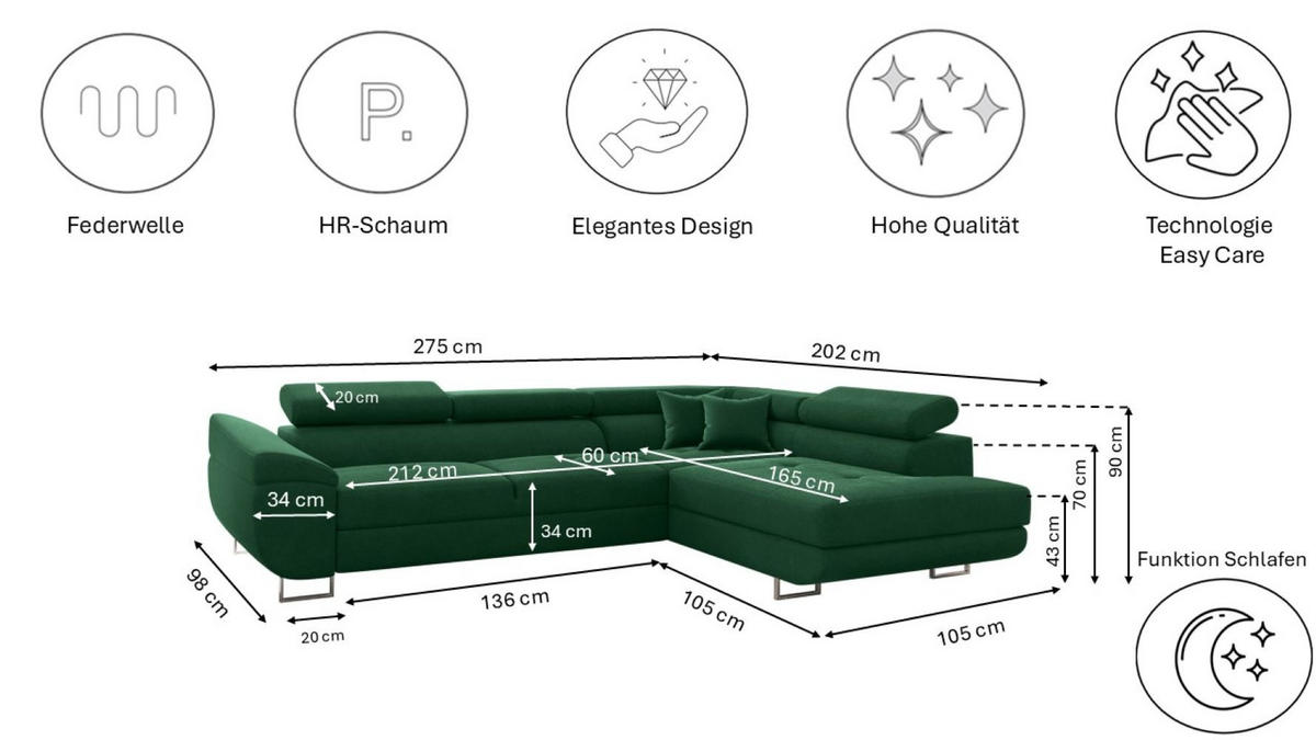 ECKSOFA FALIO L-Form Mit Schlaffunktion Im Modernen Stil Für Das Wohn Und Schlafzimmer Dunkelgrün Rechts - Dunkelgrün, Holz/Textil (275/202cm) - Kaiser Möbel