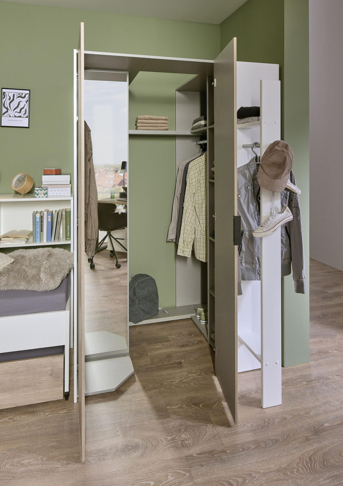 JUGENDZIMMER Norderney in Weiß mit Viking Oak 7 teilig Kinderzimmer Komplett Set mit begehbarem Kleiderschrank - Weiß, Holzwerkstoff (80/200/120cm)