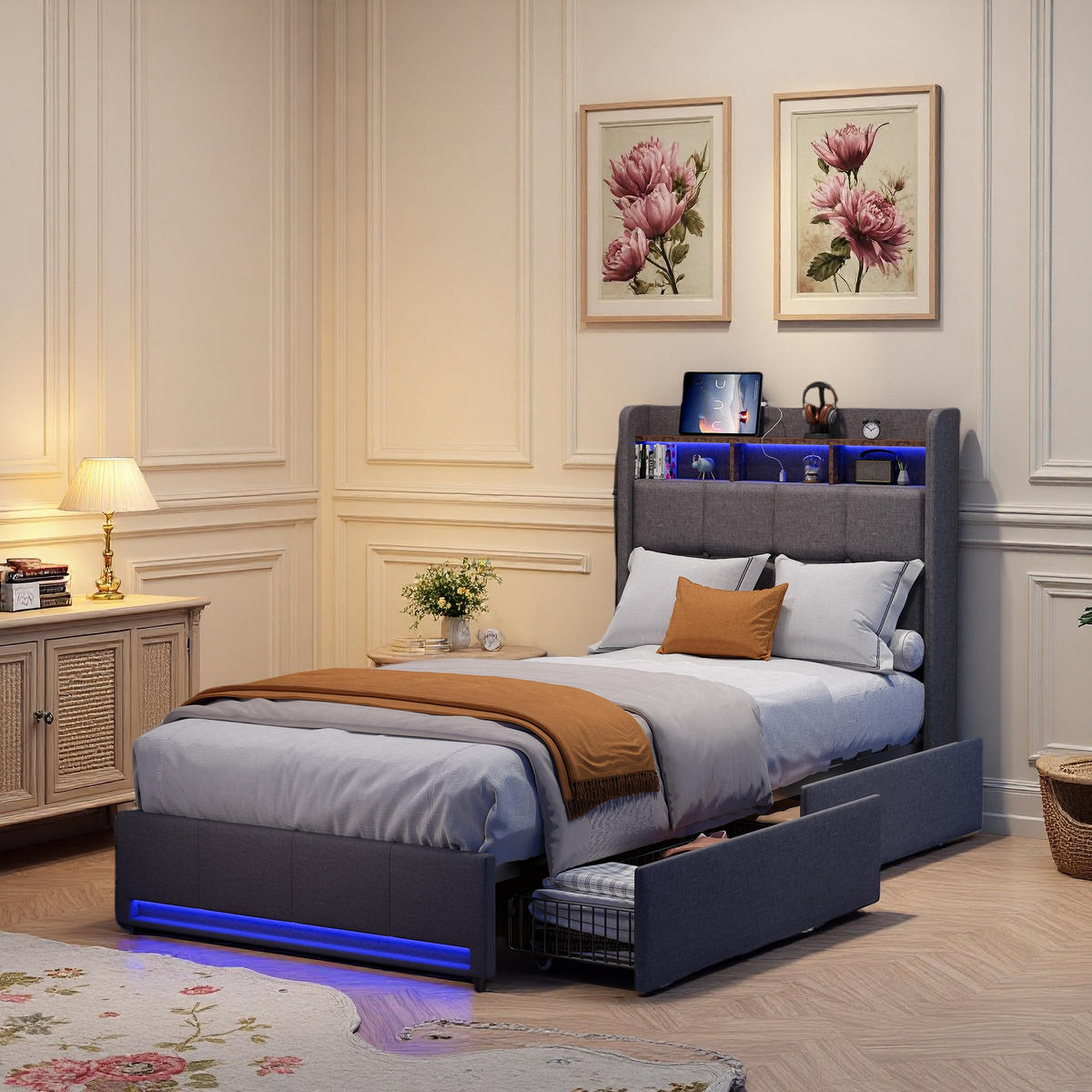 GASDRUCKBETT 90x200 cm, LED, USB/Type-C, Schubladen, Leinen, Grau - Grau, Metall - SHOPENTRA