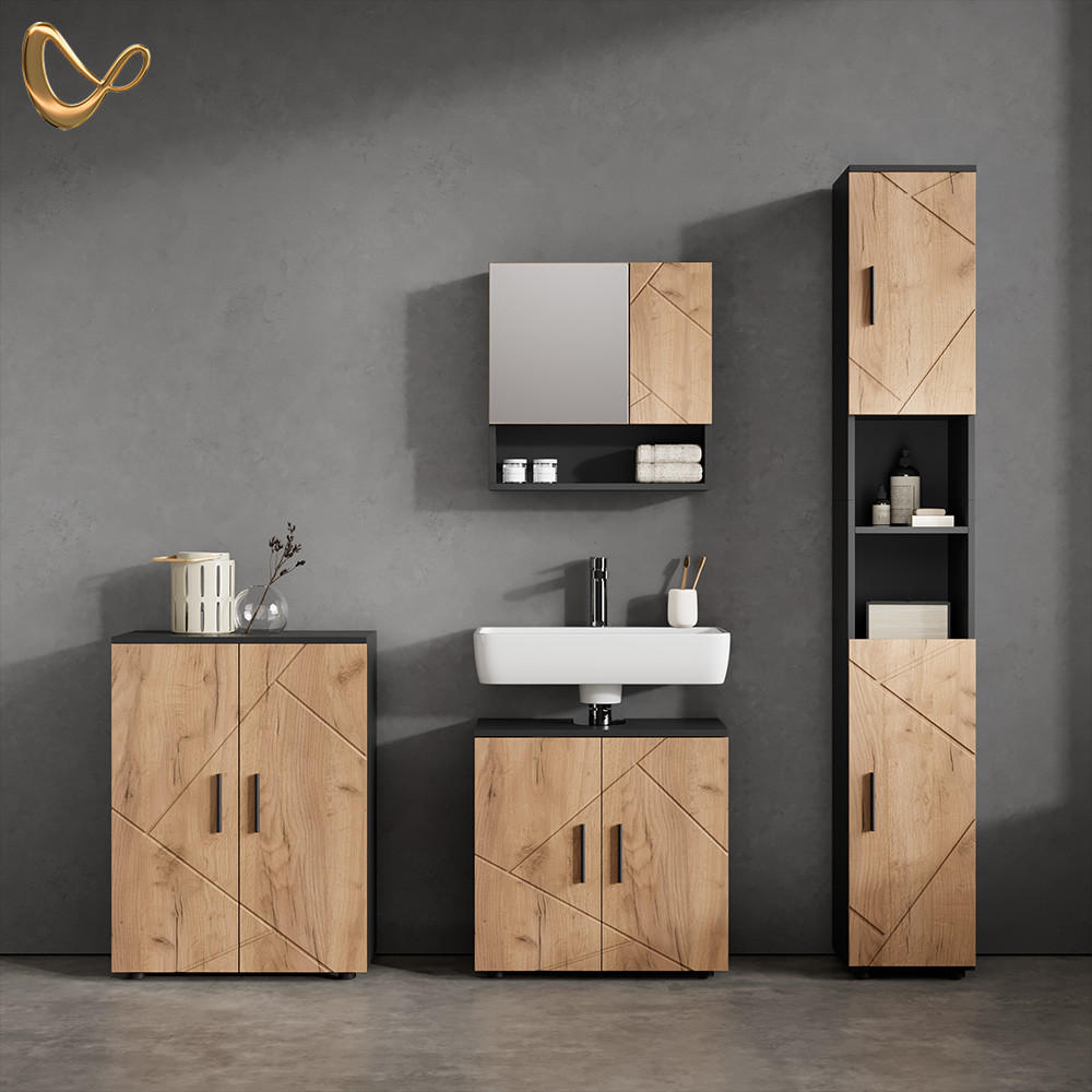 BADMÖBEL-SET Ronco Goldkraft Eiche/Anthrazit 4 Teile, mit Hochschrank und Kommode - Honigeiche/Anthrazit, Holzwerkstoff (60/192/30cm) - Livinity®