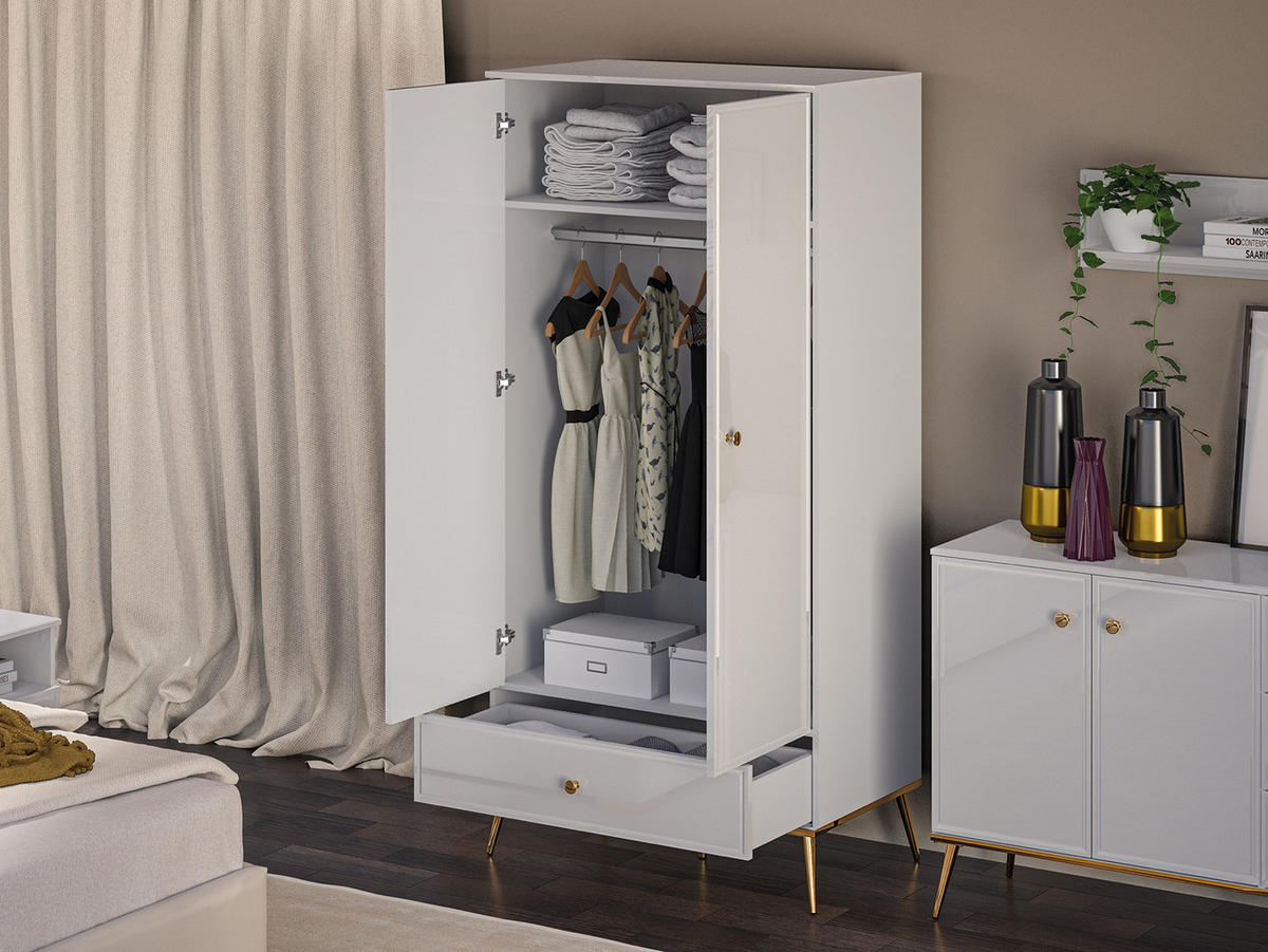 DREHTÜRENSCHRANK Darrby Weiß 92 cm - Goldfarben/Weiß, Holzwerkstoff/Metall (92/190/53cm) - Selsey