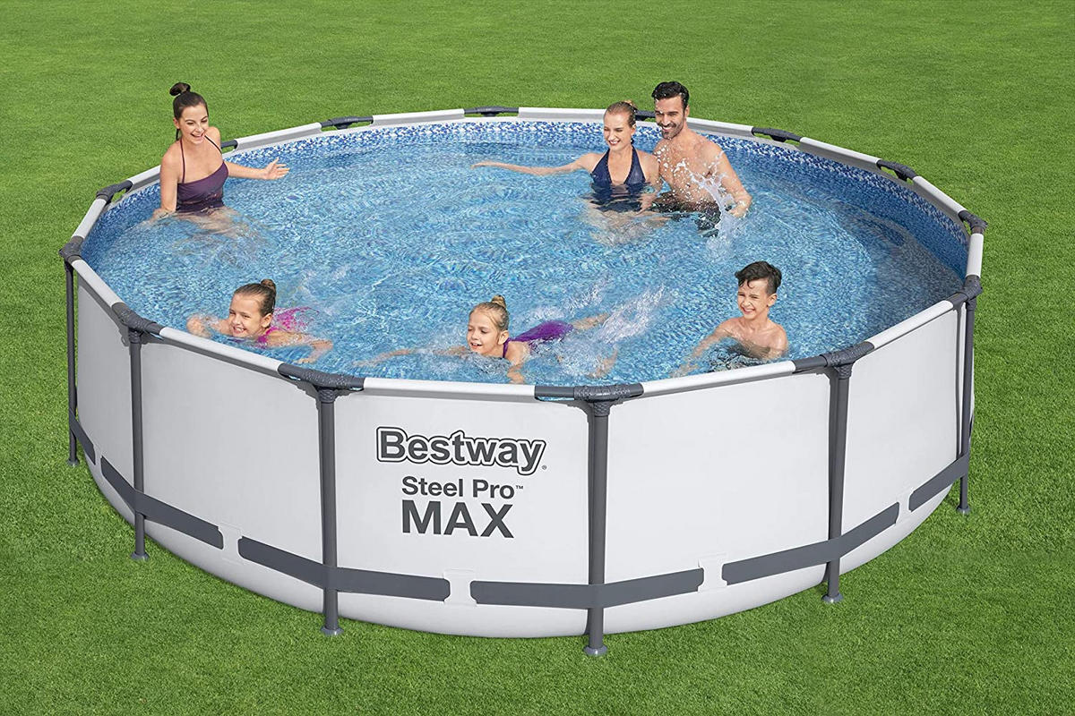 POOL Bestway 56950 Steel Pro MAX Frame in lichtgrau Ø 427 x 107 cm Komplett Set mit Filterpumpe, rund - Grau, Kunststoff (427/107/427cm) - Bestway