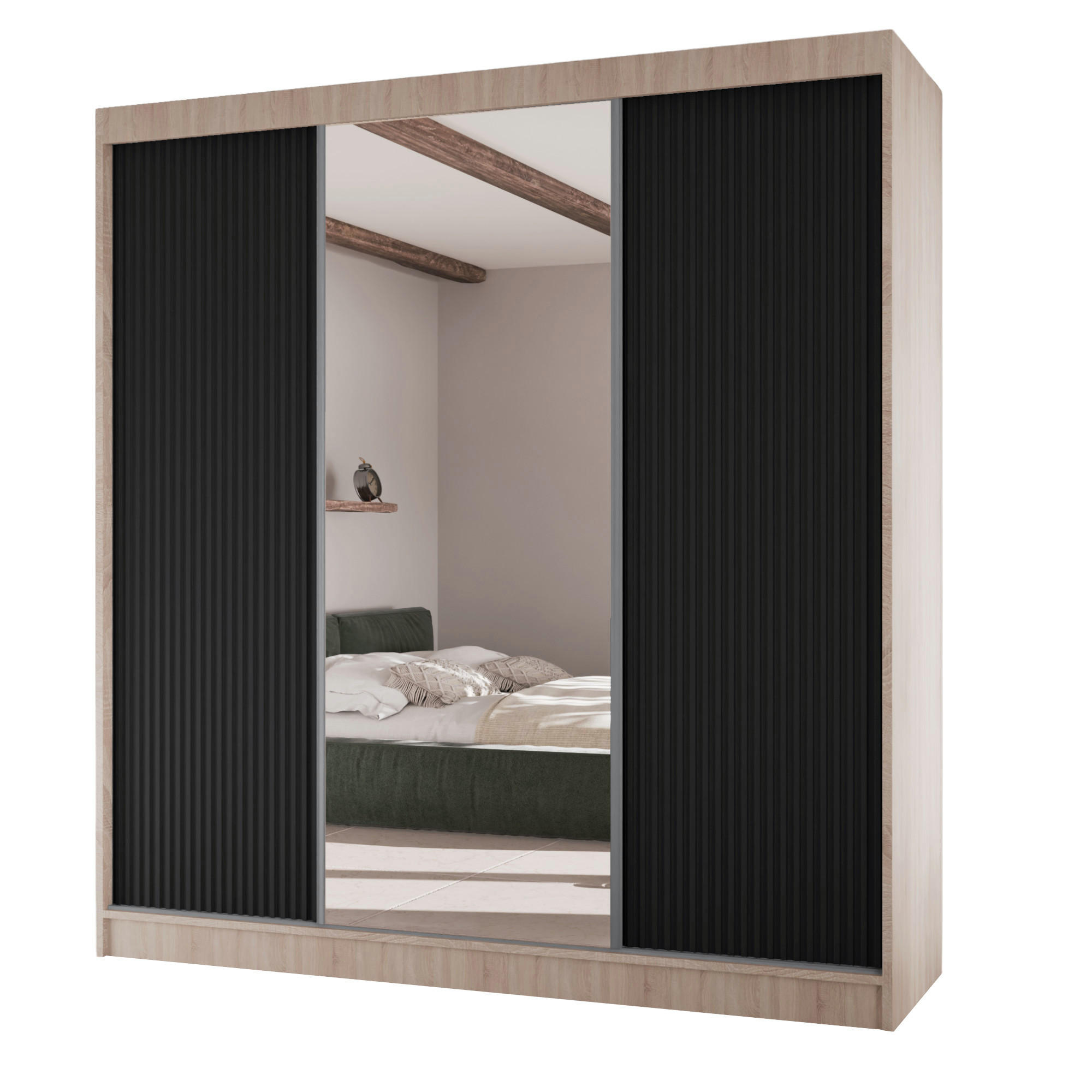 SCHWEBETÜRENSCHRANK Rafi mit Spiegel und mit geriffelten Fronten, 200 cm, eiche Sonoma+Schwarz - Schwarz/Sonoma Eiche, Holzwerkstoff (200/215/61cm) - AN-Moebel 4u