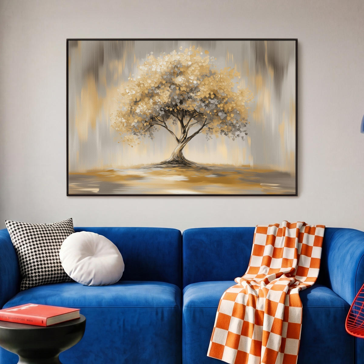 LEINWAND Bilder mit Rahmen - Gemälde - Baum - Abstrakt - Blätter - 90x60 - Beige, Textil (90/60cm) - MuchoWow