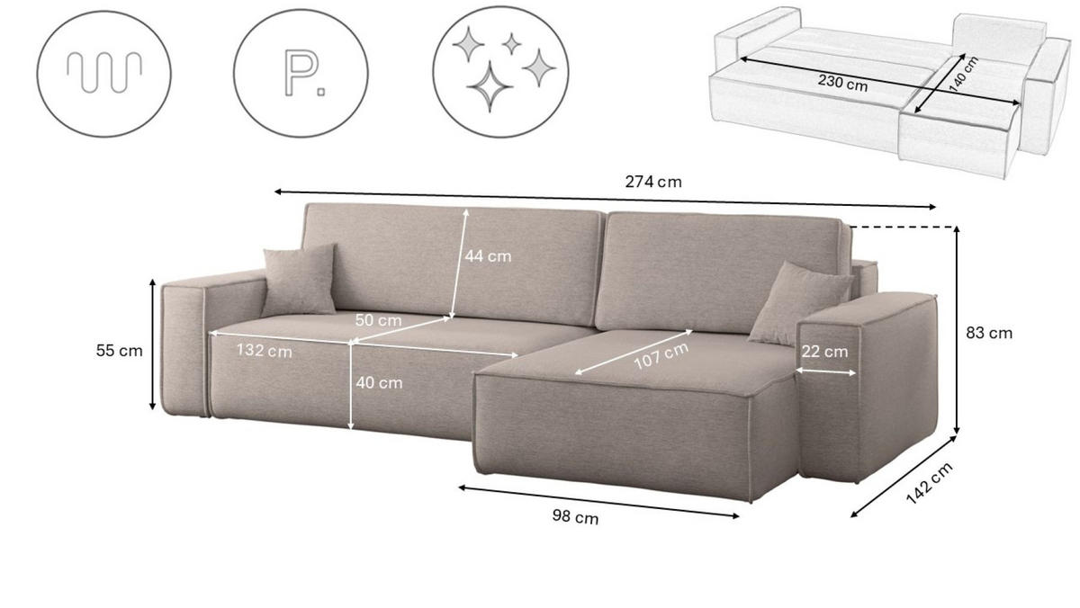 ECKSOFA Mit Schlaffunktion Und Bettkasten, Eckcouch Best XL Stoff Verita Beige Rechts - Beige, Holz (274/145cm) - Kaiser Möbel