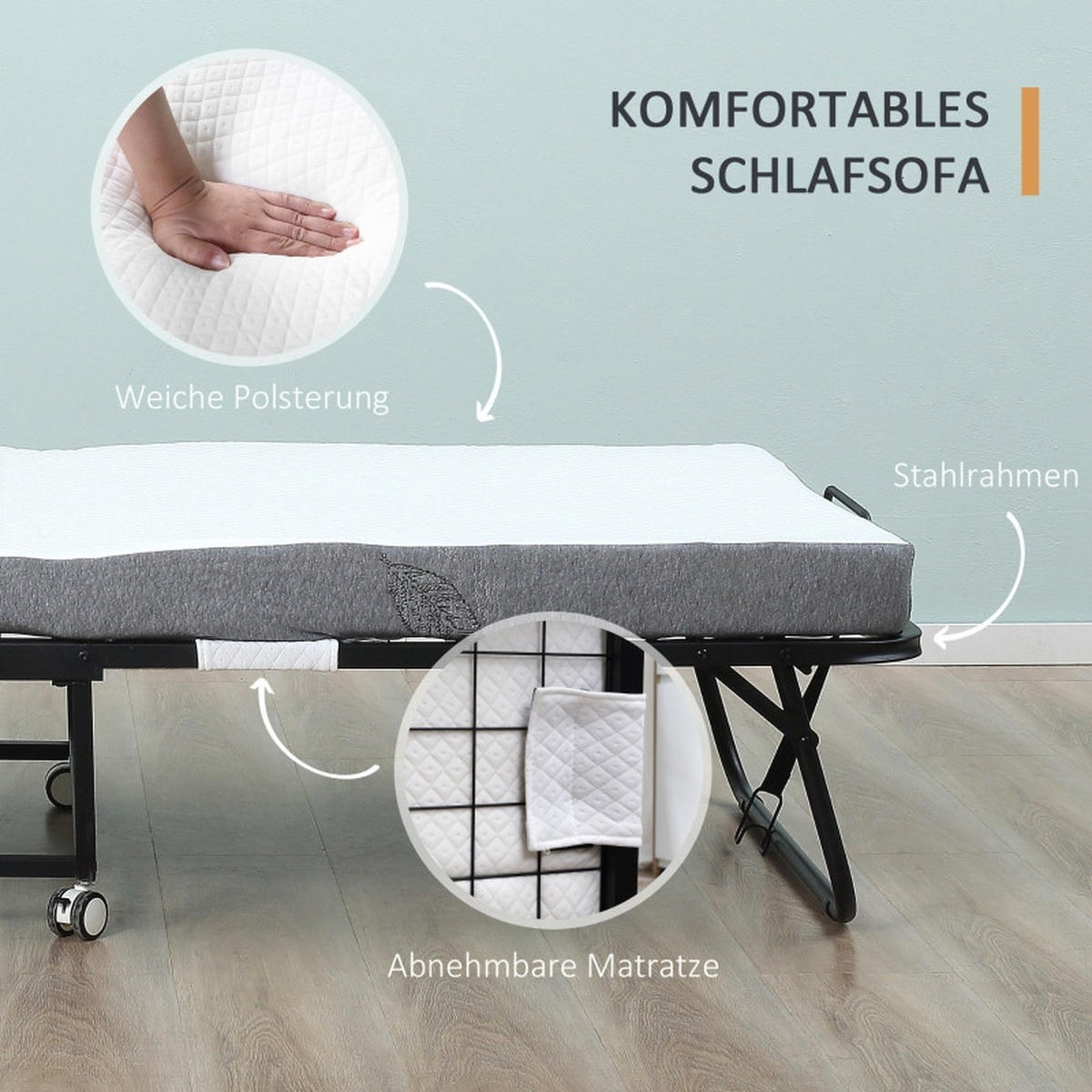 GÄSTEBETT klappbar 90x200 cm Weiß mit Rollen - Weiß, Metall (90/200cm) - Beauniv