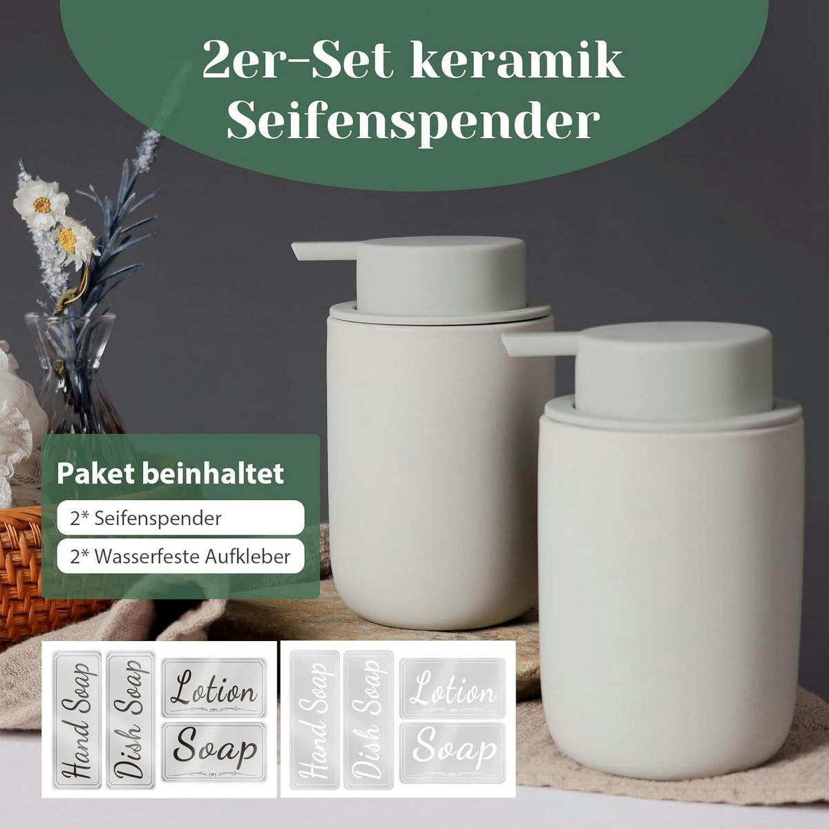 SEIFENSPENDER Set Keramik Grau 2 Stück 350ml - Grau, Keramik (7.5/14.5/7.5cm)