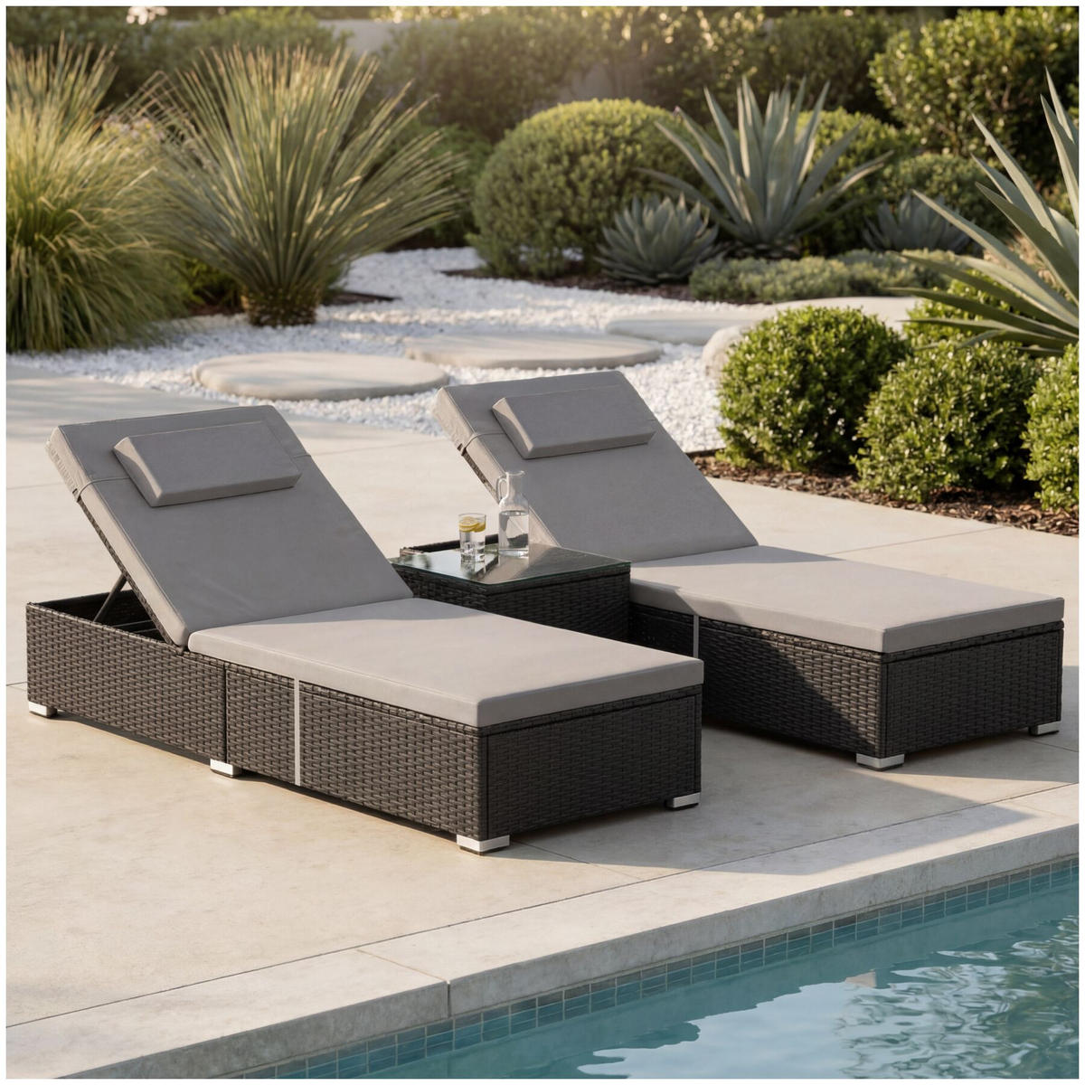 RATTAN-DOPPELLIEGE Carbonera, Belastbarkeit je 200 kg, schwarz - Schwarz, Kunststoff (62/36/196cm) - tectake