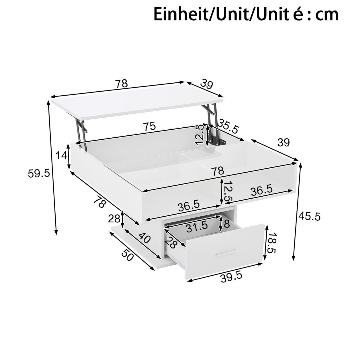 COUCHTISCH 78/78/45.5/59.5 cm Weiß aus Spanplatte mit LED-Beleuchtung und Stauraum - Weiß, Holzwerkstoff (78/78/45cm) - OKMYHOME