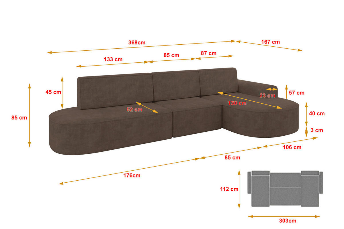 ECKSOFA mit Schlaffunktion Ottomane RECHTS MARI L2-S 368X167X85 Braun Velours - Alteiche/Schwarz, Holzwerkstoff/Kunststoff (167/368cm) - ALTDECOR