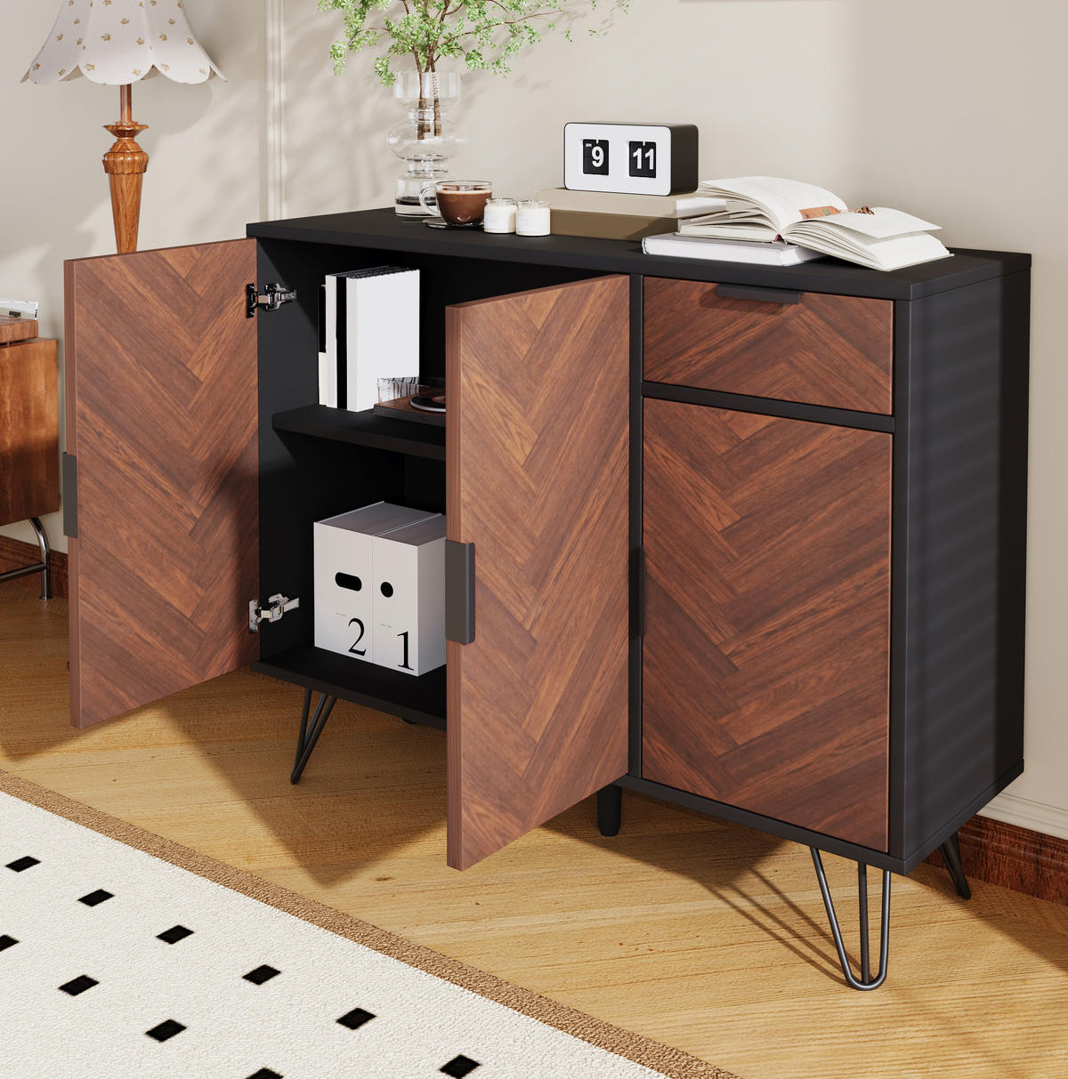 SIDEBOARD 90/30/71,5 cm schwarz holzfarben aus MDF mit Schublade - Schwarz, Holzwerkstoff (90/71.5/30cm) - OKWISH