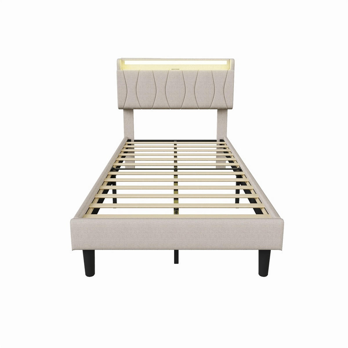 POLSTERBETT 90x200 cm mit LED-Beleuchtung - Kopfteil mit Ladefunktion - Gepolstertes Kopfteil - Beige - Beige, Textil (90/200cm) - DELFA
