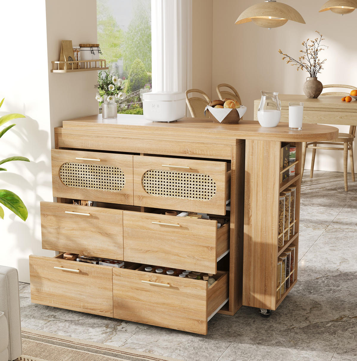 BARTISCH 128-203/39/90 cm in Natur mit 360° Drehfunktion & 6 Schubladen - Naturfarben, Holzwerkstoff (39/203/90cm) - BEAOK