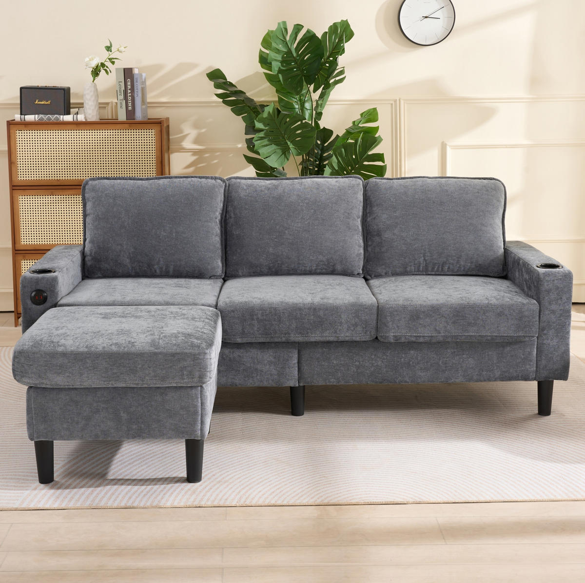 SOFA L-Form mit USB und Getränkehaltern 202 x 137 cm Leinen Grau - Grau, Textil (202/137cm) - IVMEU