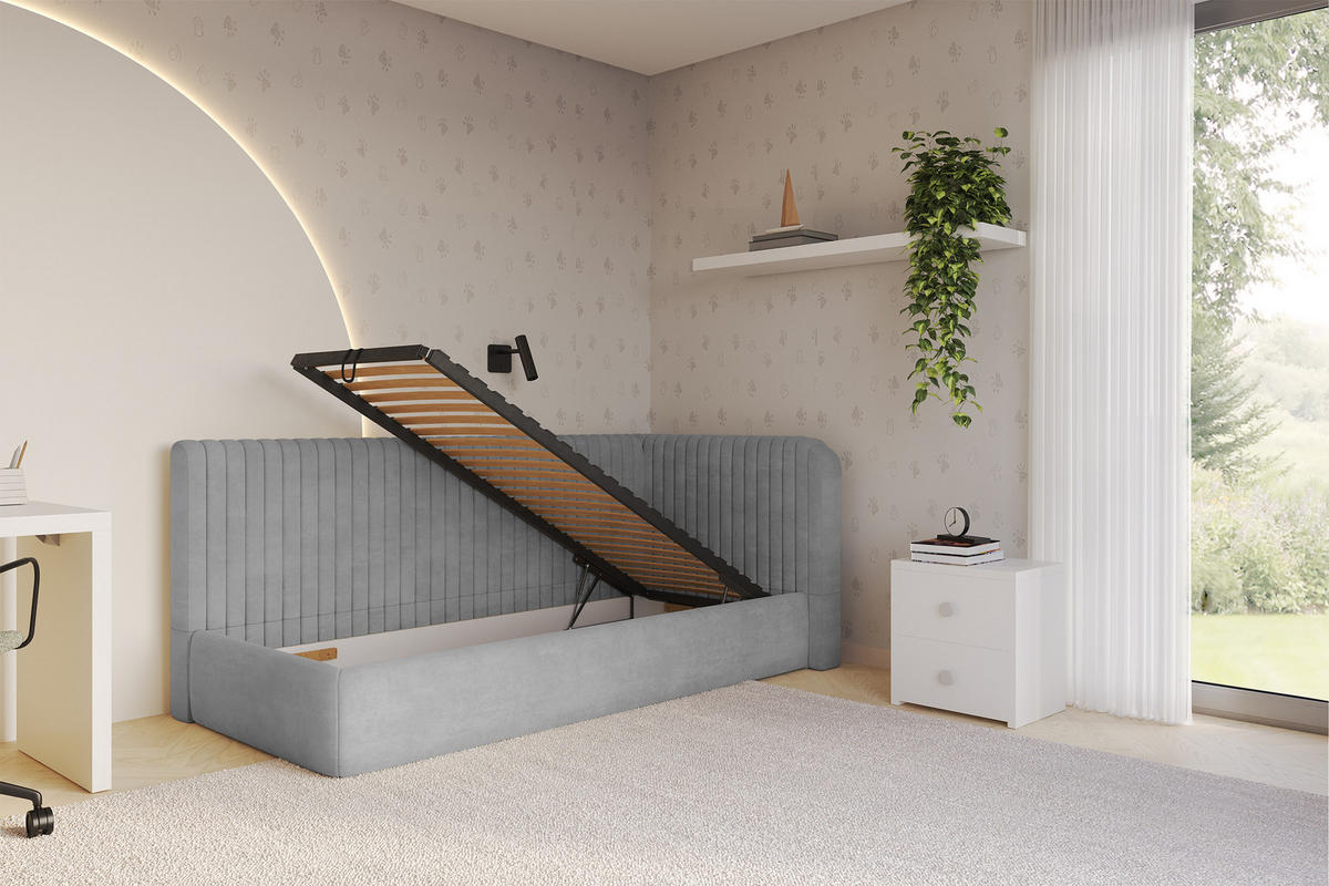 EINZELLBETT Jugendbett mit Bettkasten und Matratze H3/H4, Links - AURY 100x200 Grau - Hellgrau, Holzwerkstoff/Textil (100/200cm) - ALTDECOR