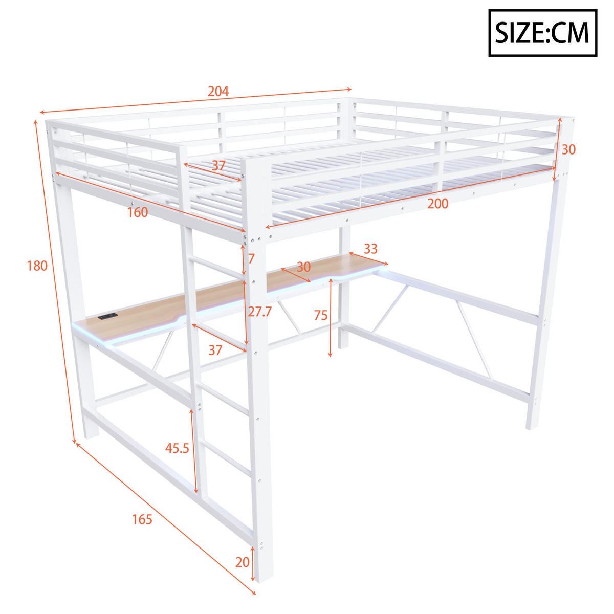 HOCHBETT 160/200 cm in Weiß mit LED, USB und Schreibtisch - Weiß, Metall (160/200cm) - CHICFURN