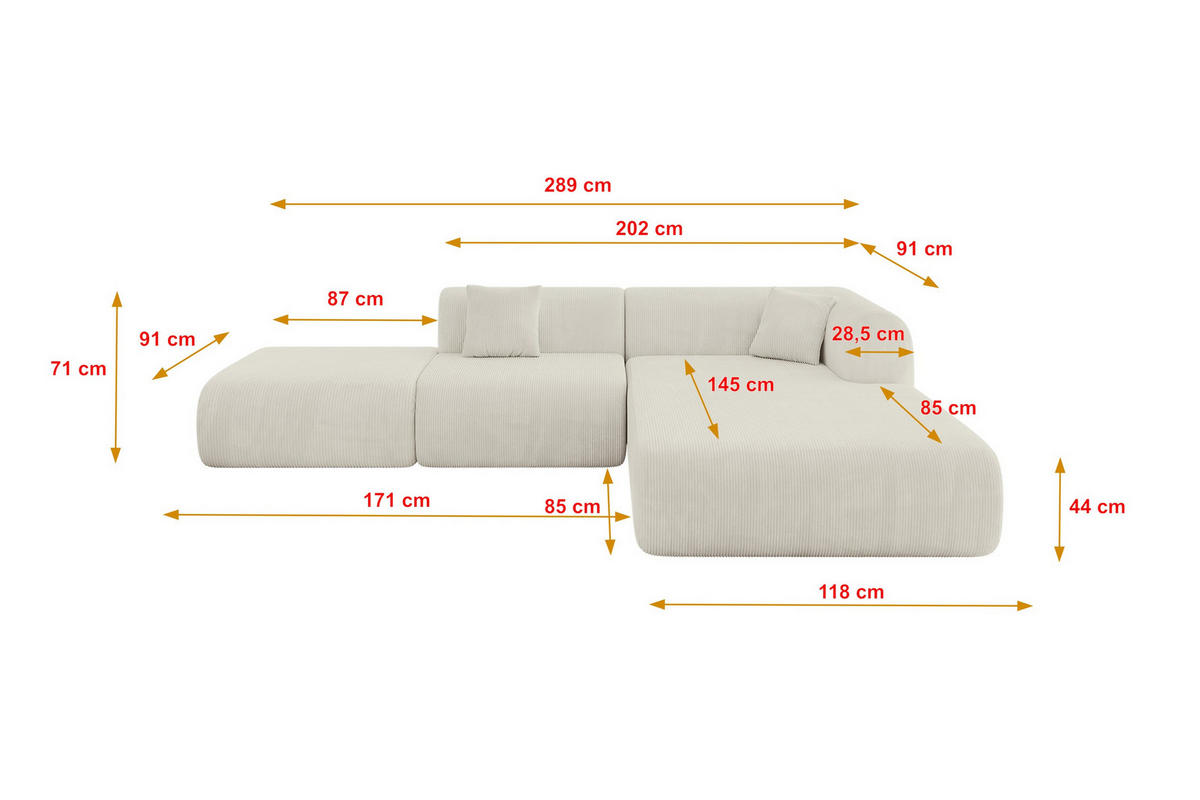 ECKSOFA Ottomane Rechts OVLY-L 289x176x71 Creme Cord - Creme/Schwarz, Holzwerkstoff/Kunststoff (289/176cm) - ALTDECOR