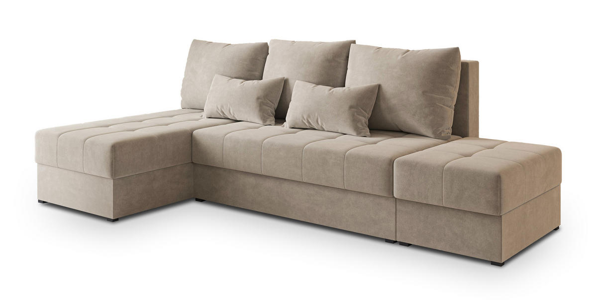 ECKSOFA NORVI Beige Plüsch-Stoff mit Schlaffunktion - Beige, Holz (251/143cm) - MASSENO
