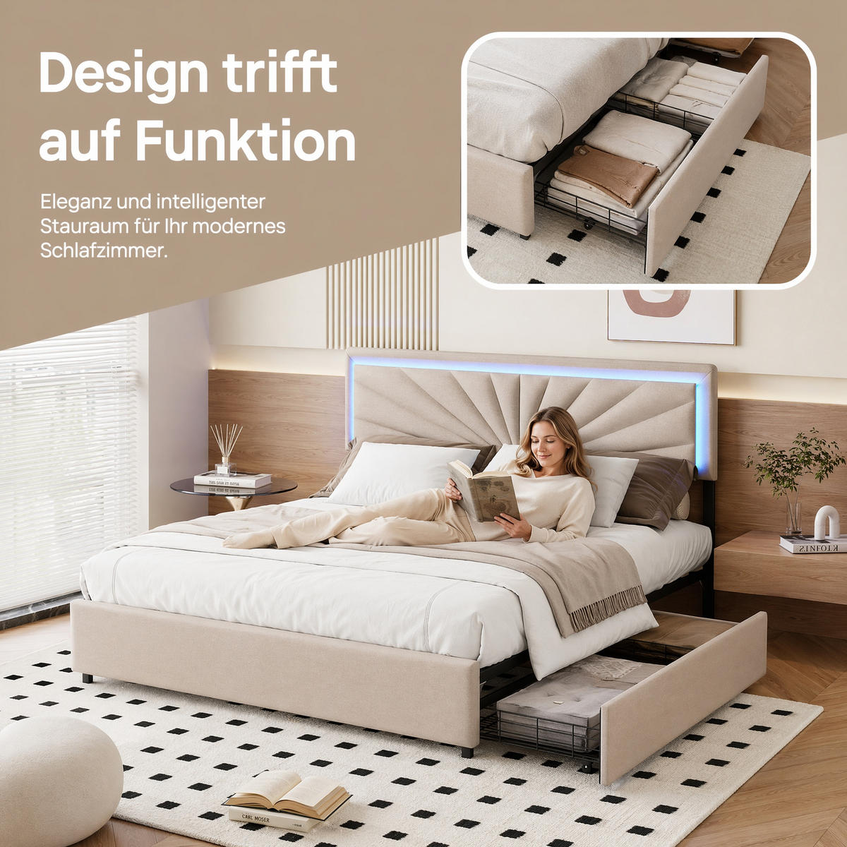 POLSTERBETT 160x200 cm Beige Stoff LED 4 Schubladen - Beige, Holz (160/200cm) - SHOPENTRA