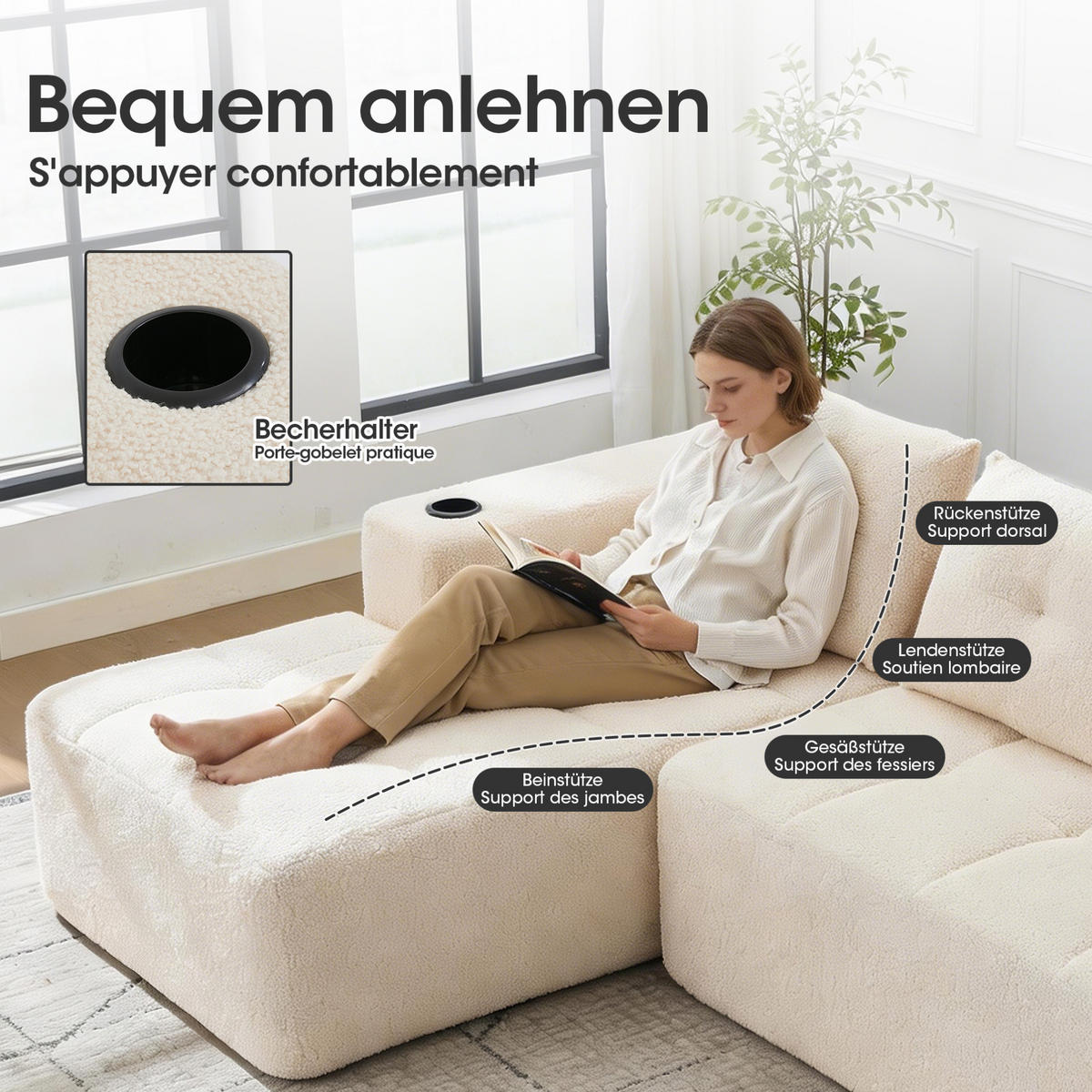 ECKSOFA 258 cm mit Becherhaltern, tiefer Sitzfläche und Polyesterbezug, Beige - Beige, Textil (258/163cm) - Redom