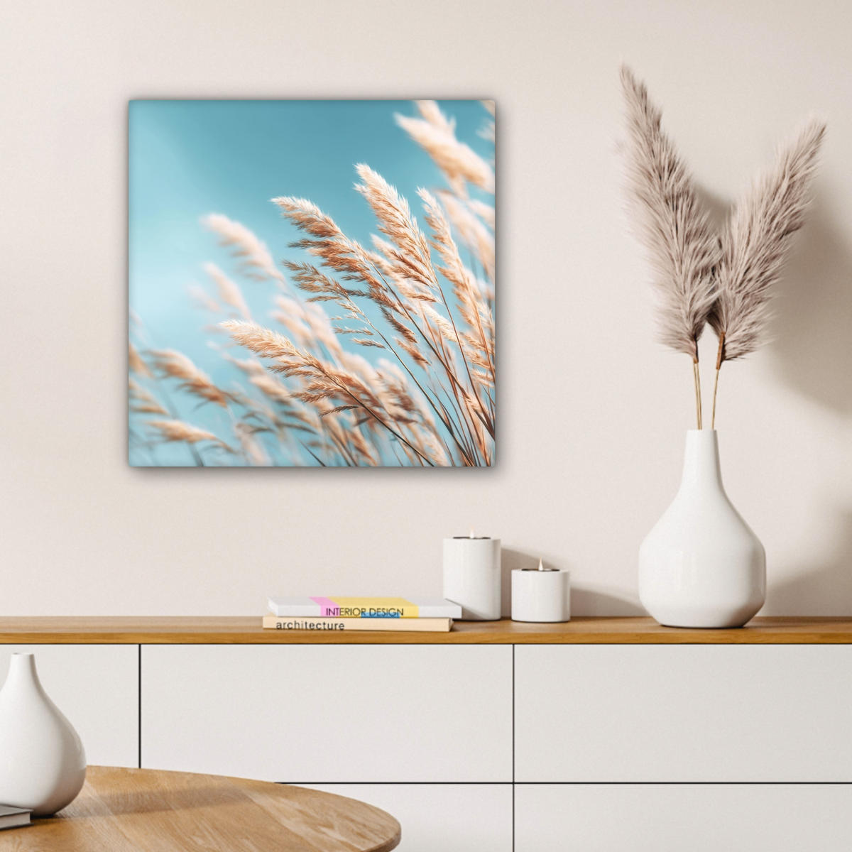 LEINWANDBILD Ziergras - Wind - Hellbraun Wandbild Wohnzimmer 50x50 cm - Hellblau, Textil (50/50cm) - MuchoWow