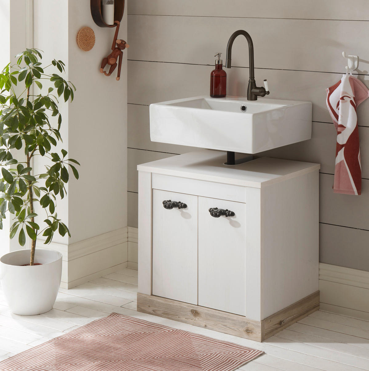 WASCHBECKENUNTERSCHRANK Pinie weiß, Oslo Pinie Landhaus, Badschrank, 60 x 63 cm - Dunkelgrau/Weiß, Holzwerkstoff/Metall (60/63/46cm) - Furn.Design