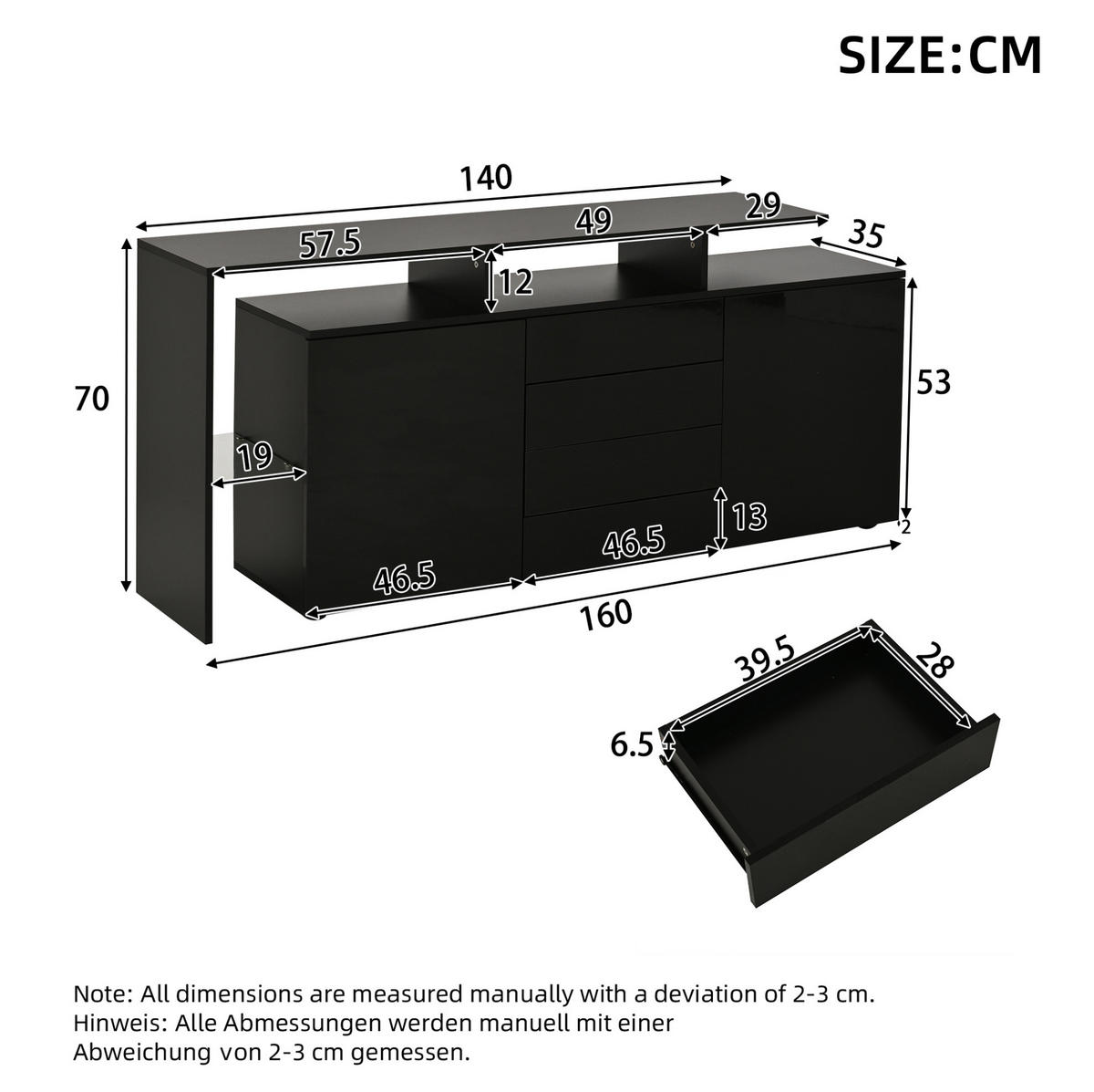SIDEBOARD aus Spanplatte und Glas 160x35x70 cm Schwarz mit LED-Beleuchtung, 4 Schubladen und Stauraum - Schwarz, Holzwerkstoff (160/70/35cm) - IVMEU