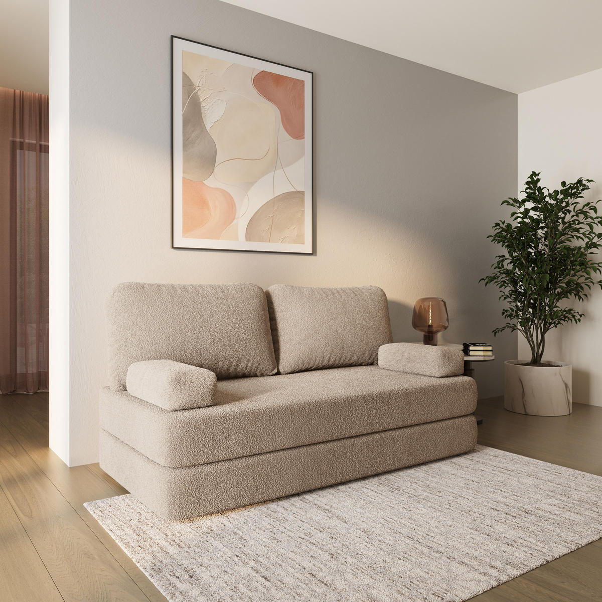 BETTSOFA NIKSI aus Schaumstoff Bucle-Stoff Beige Schlaffunktion - Beige, Textil (170/86/80cm) - MASSENO
