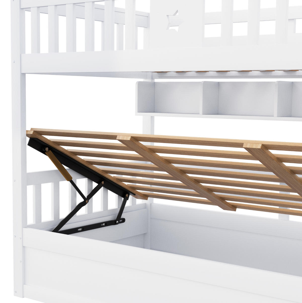 HOCHBETT 90/200 cm weiß aus Holz mit Stauraumtreppe und Regalen - Weiß, Holzwerkstoff (90/200cm) - OKWISH