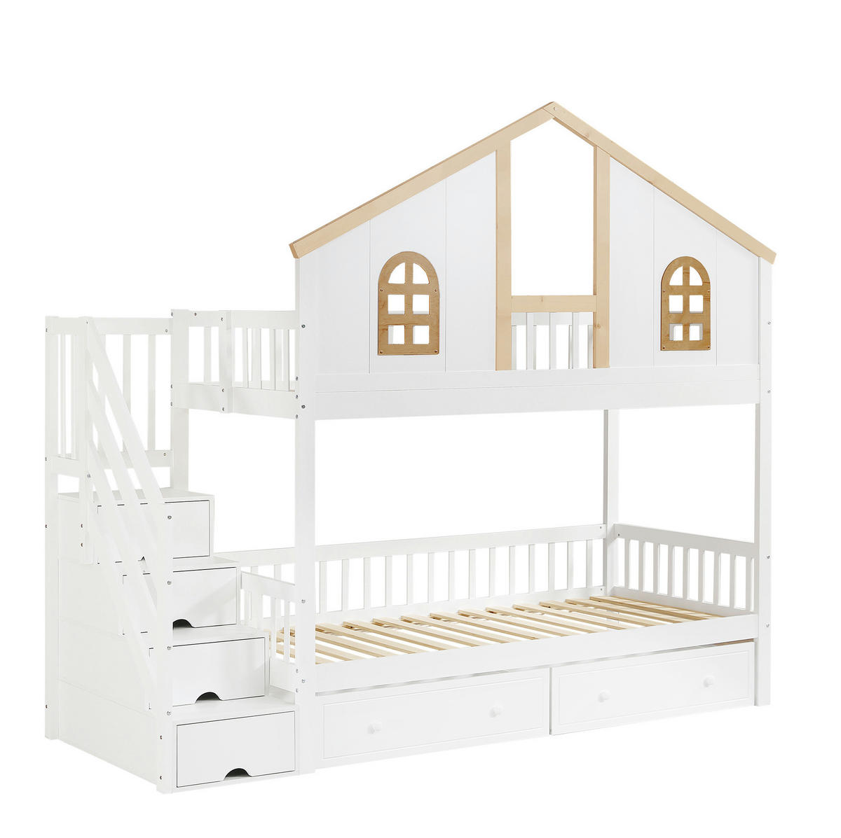 ETAGENBETT aus Kiefernholz und MDF 90x200 cm Weiß/Natur mit Stauraumtreppe und Schubladen - Weiß, Holzwerkstoff (90/200cm) - IVMEU