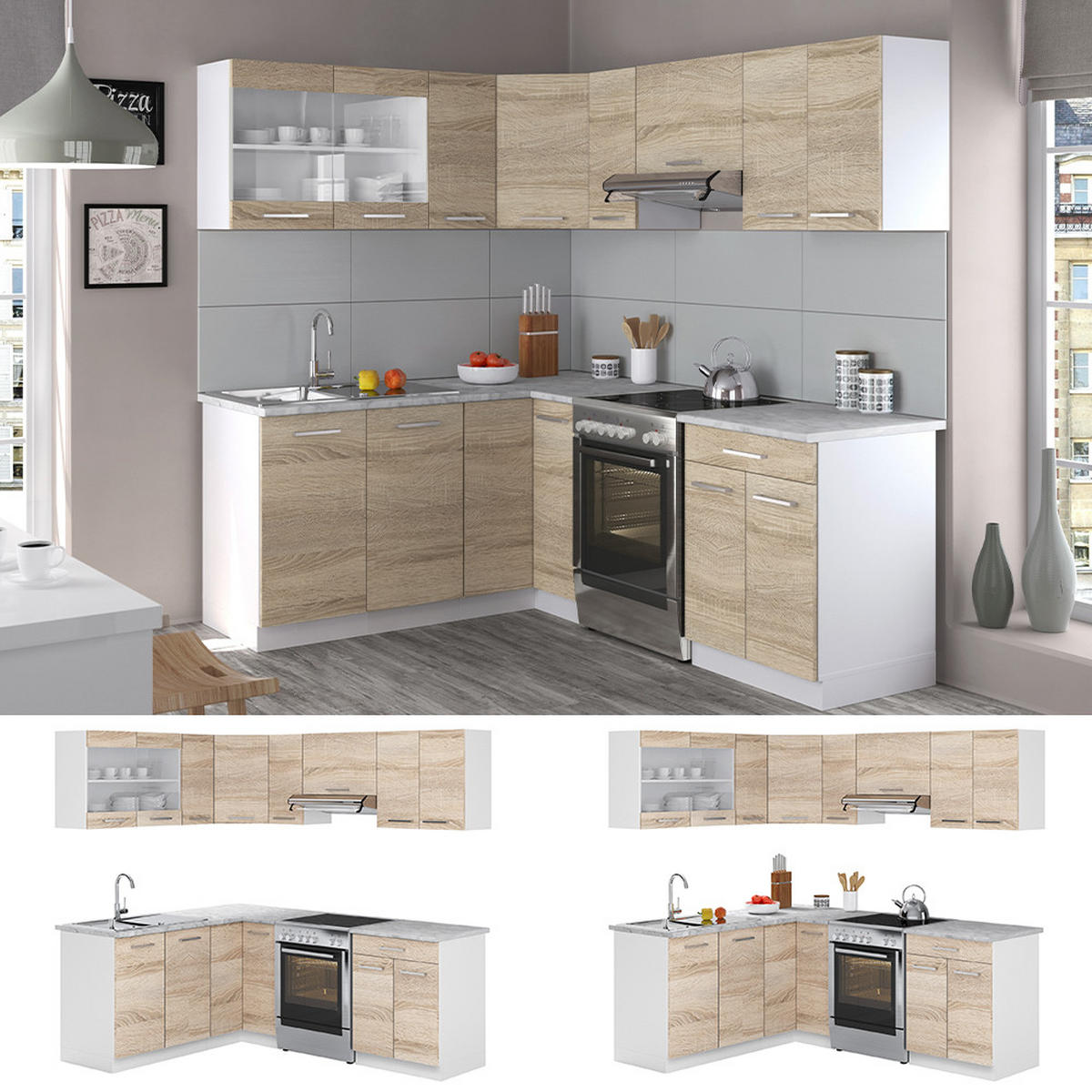 ECKKÜCHE Rick Weiß/Sonoma 207 x 167 cm , AP Marmor - Weiß, Holzwerkstoff (210/81.6/60cm) - Vicco