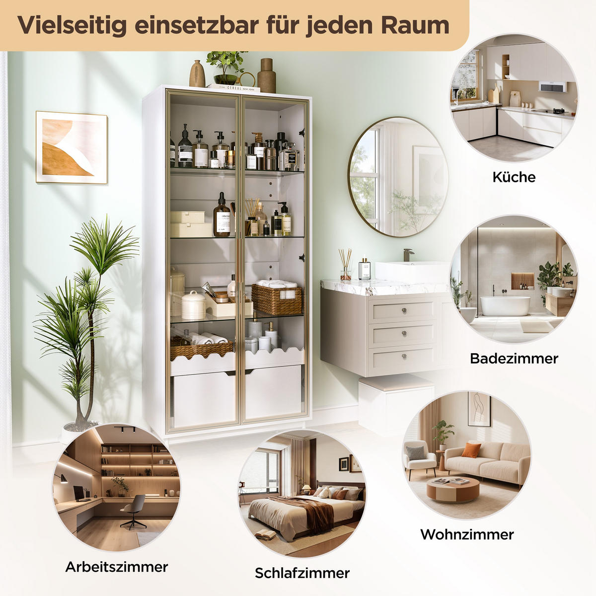 VITRINE in Weiß mit Glastür und Schublade für Wohnzimmer, B75/T35/H170,8 cm - Transparent/Weiß, Glas/Holzwerkstoff (75/170.8/35cm) - STILVORA