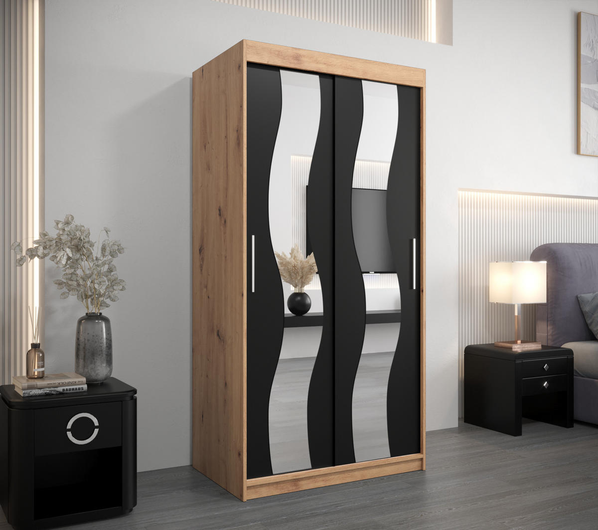 SCHWEBETÜRENSCHRANK 200/100/62 2-türig - Silberfarben/Schwarz, Holz/Kunststoff (100/200/62cm) - Abiks Möbel